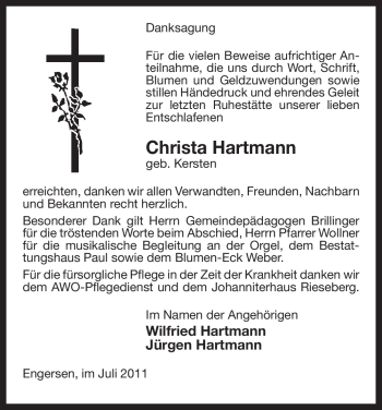 Traueranzeige von Christa Hartmann von ALLGEMEINE ZEITUNG UELZEN