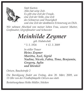 Traueranzeige von Meinhilde Zeymer von ALLGEMEINE ZEITUNG UELZEN