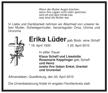 Traueranzeige von Erika Lüder von ALLGEMEINE ZEITUNG UELZEN