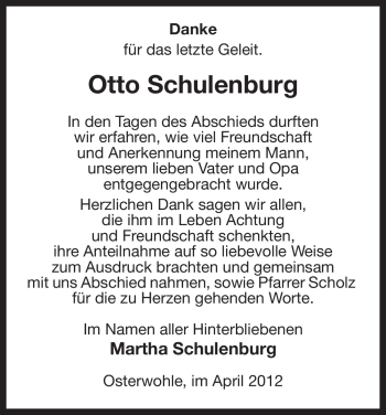 Traueranzeige von Otto Schulenburg von ALLGEMEINE ZEITUNG UELZEN