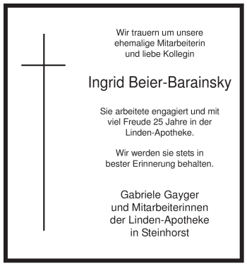 Traueranzeige von Ingrid Beier-Barainsky von ALLGEMEINE ZEITUNG UELZEN