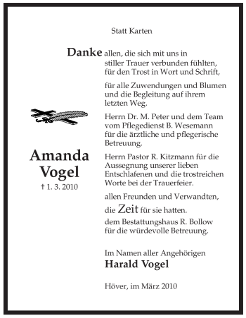 Traueranzeige von Amanda Vogel von ALLGEMEINE ZEITUNG UELZEN