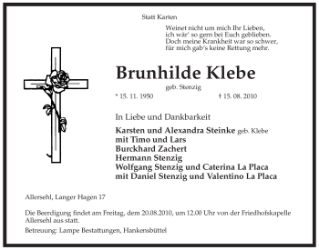 Traueranzeige von Brunhilde Klebe von ALLGEMEINE ZEITUNG UELZEN