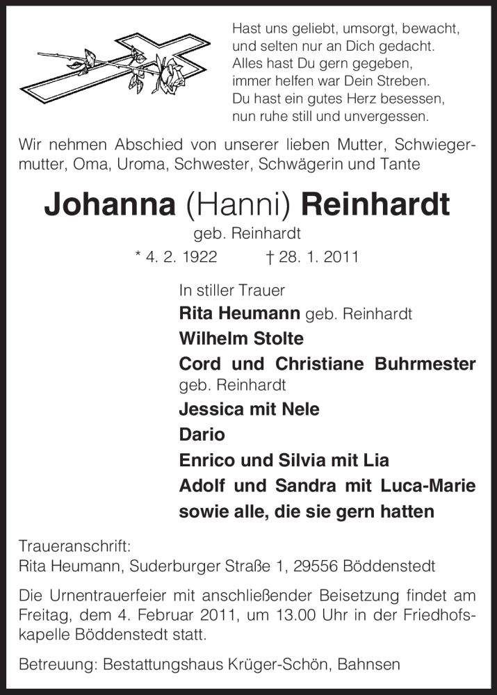  Traueranzeige für Johanna Reinhardt vom 01.02.2011 aus ALLGEMEINE ZEITUNG UELZEN