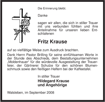 Traueranzeige von Fritz Krause von ALLGEMEINE ZEITUNG UELZEN