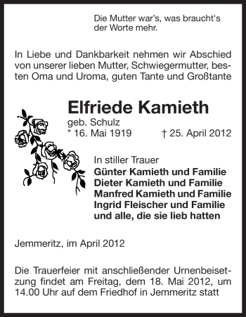 Traueranzeige von Elfriede Kamieth von ALLGEMEINE ZEITUNG UELZEN