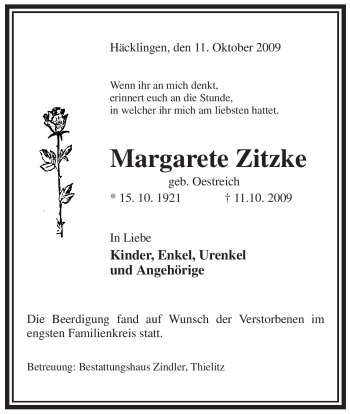 Traueranzeige von Margarete Zitzke von ALLGEMEINE ZEITUNG UELZEN