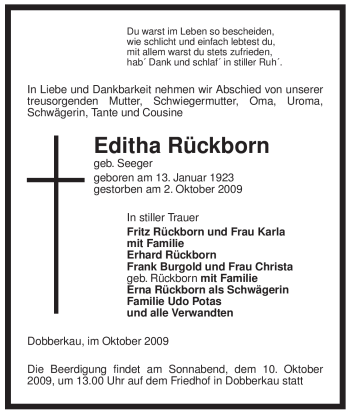 Traueranzeige von Editha Rückborn von ALLGEMEINE ZEITUNG UELZEN