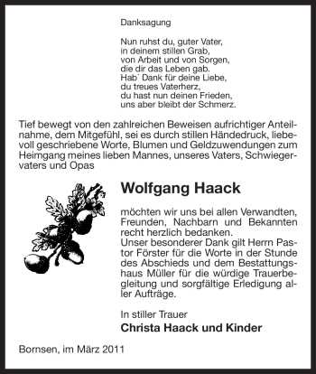 Traueranzeige von Wolfgang Haack von ALLGEMEINE ZEITUNG UELZEN