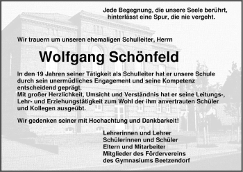 Traueranzeige von Wolfgang Schönfeld von ALLGEMEINE ZEITUNG UELZEN