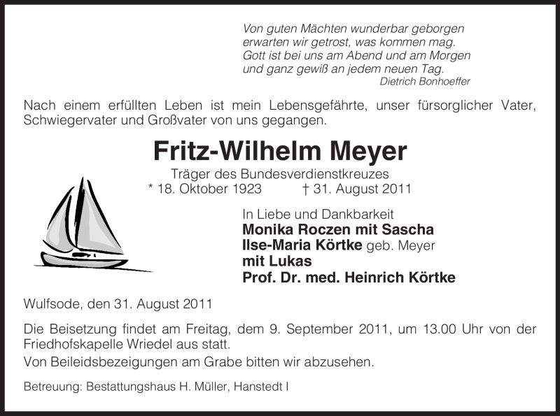  Traueranzeige für Fritz-Wilhelm Meyer vom 03.09.2011 aus ALLGEMEINE ZEITUNG UELZEN