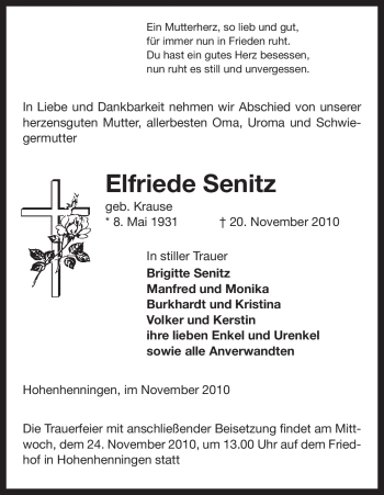 Traueranzeige von Elfriede Senitz von ALLGEMEINE ZEITUNG UELZEN