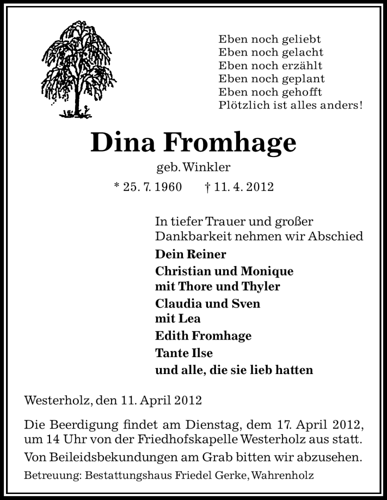  Traueranzeige für Dina Fromhage vom 13.04.2012 aus ALLGEMEINE ZEITUNG UELZEN