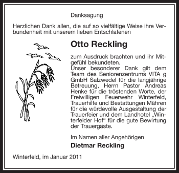 Traueranzeige von Otto Reckling von ALLGEMEINE ZEITUNG UELZEN