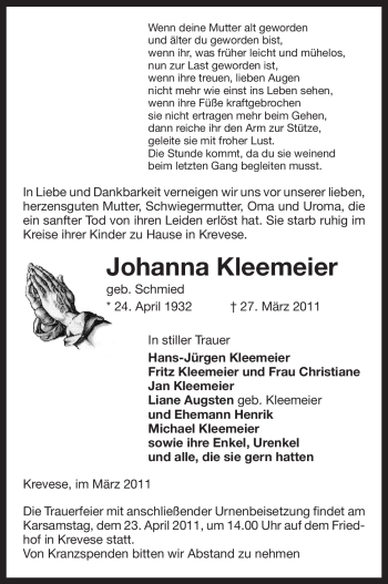 Traueranzeige von Johanna Kleemeier von ALLGEMEINE ZEITUNG UELZEN