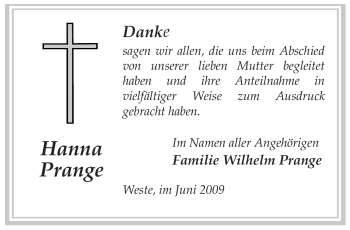 Traueranzeige von Hanna Prange von ALLGEMEINE ZEITUNG UELZEN