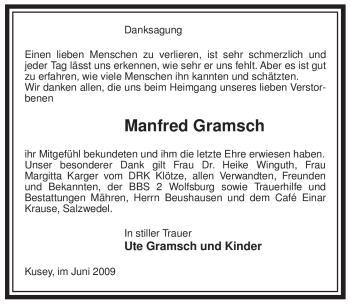Traueranzeige von Manfred Gramsch von ALLGEMEINE ZEITUNG UELZEN