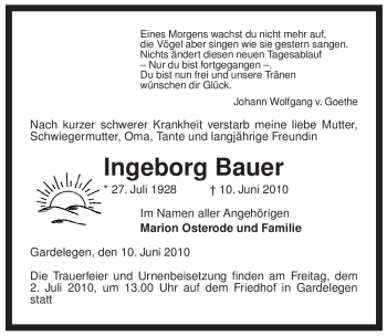 Traueranzeige von Ingeborg Bauer von ALLGEMEINE ZEITUNG UELZEN