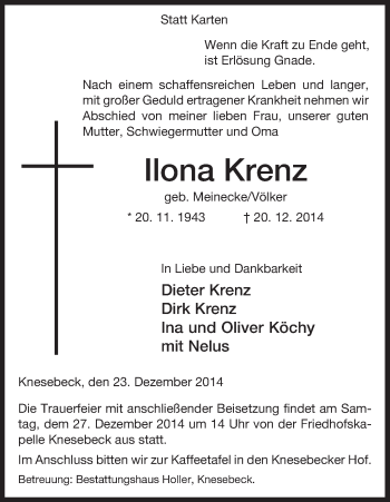 Traueranzeige von Ilona Krenz von Uelzen