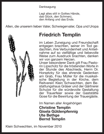 Traueranzeige von Friedrich Templin von ALLGEMEINE ZEITUNG UELZEN