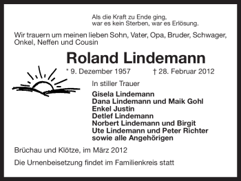 Traueranzeige von Roland Lindemann von ALLGEMEINE ZEITUNG UELZEN