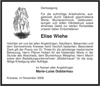 Traueranzeige von Elise Wiehe von ALLGEMEINE ZEITUNG UELZEN