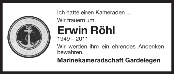 Traueranzeige von Erwin Röhl von ALLGEMEINE ZEITUNG UELZEN