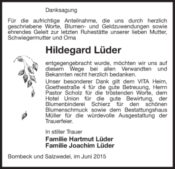 Traueranzeige von Hildegard Lüder von Uelzen