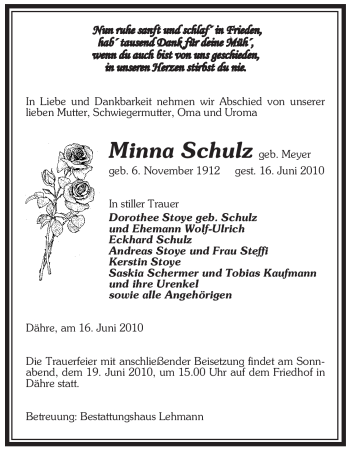 Traueranzeige von Minna Schulz von ALLGEMEINE ZEITUNG UELZEN