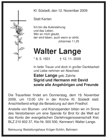 Traueranzeige von Walter Lange von ALLGEMEINE ZEITUNG UELZEN