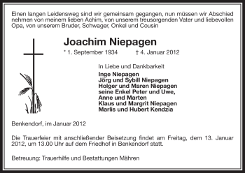 Traueranzeige von Joachim Niepagen von ALLGEMEINE ZEITUNG UELZEN