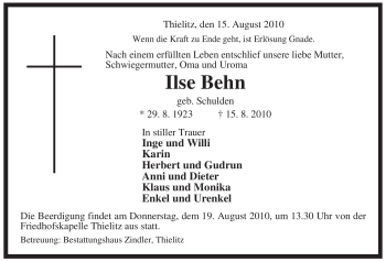 Traueranzeige von Ilse Behn von ALLGEMEINE ZEITUNG UELZEN