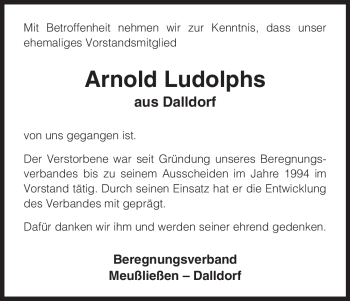 Traueranzeige von Arnold Ludolphs von ALLGEMEINE ZEITUNG UELZEN