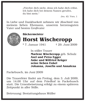 Traueranzeige von Horst Wischeropp von ALLGEMEINE ZEITUNG UELZEN