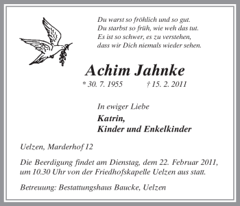 Traueranzeige von Achim Jahnke von ALLGEMEINE ZEITUNG UELZEN