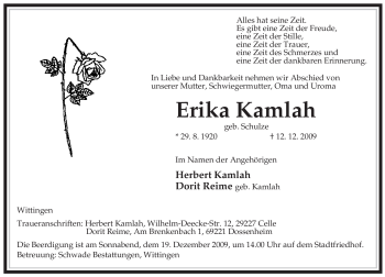 Traueranzeige von Erika Kamlah von ALLGEMEINE ZEITUNG UELZEN