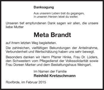 Traueranzeige von Meta Brandt von Uelzen