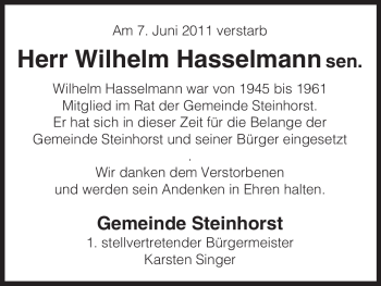 Traueranzeige von Wilhelm Hasselmann von ALLGEMEINE ZEITUNG UELZEN