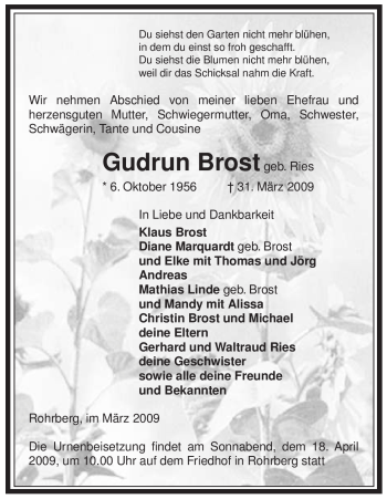 Traueranzeige von Gudrun Brost von ALLGEMEINE ZEITUNG UELZEN