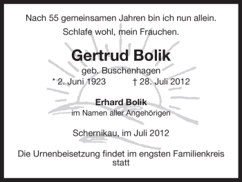 Traueranzeige von Gertrud Bolik von ALLGEMEINE ZEITUNG UELZEN