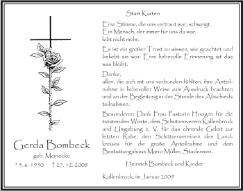 Traueranzeige von Gerda Bombeck von ALLGEMEINE ZEITUNG UELZEN