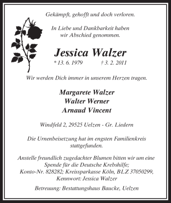 Traueranzeige von Jessica Walzer von ALLGEMEINE ZEITUNG UELZEN