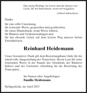 Traueranzeige von Reinhard Heidemann von Uelzen