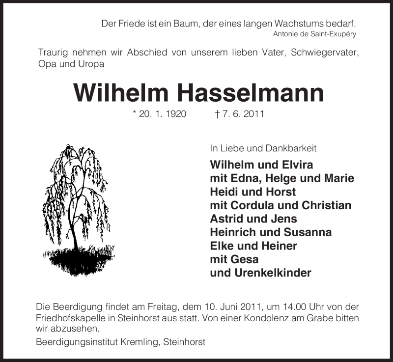  Traueranzeige für Wilhelm Hasselmann vom 08.06.2011 aus ALLGEMEINE ZEITUNG UELZEN