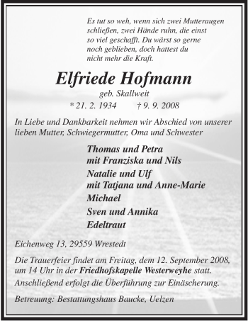 Traueranzeige von Elfriede Hofmann von ALLGEMEINE ZEITUNG UELZEN