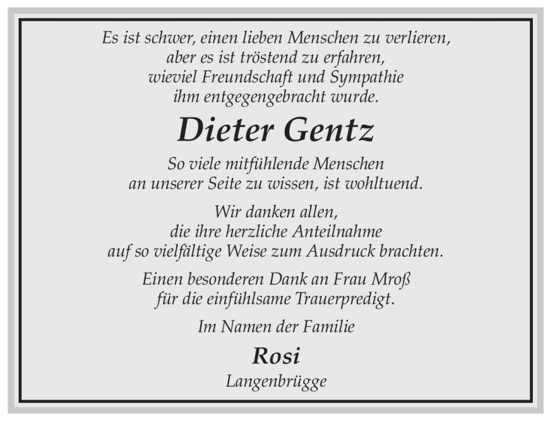 Traueranzeige für Dieter Gentz vom 09.01.2010 aus ALLGEMEINE ZEITUNG UELZEN