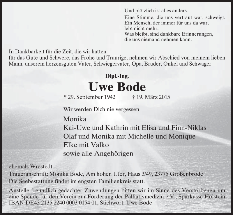  Traueranzeige für Uwe Bode vom 28.03.2015 aus Uelzen