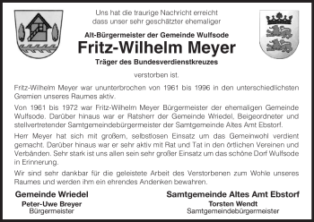 Traueranzeige von Fritz-Wilhelm Meyer von ALLGEMEINE ZEITUNG UELZEN