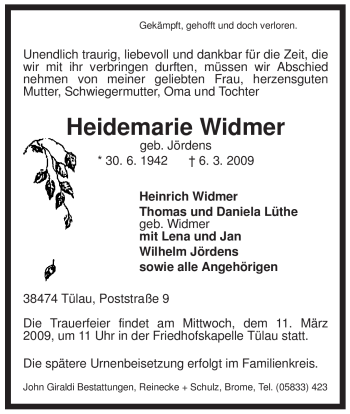 Traueranzeige von Heidemarie Widmer von ALLGEMEINE ZEITUNG UELZEN