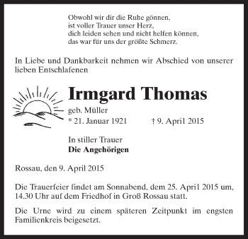 Traueranzeige von Irmgard Thomas von Uelzen